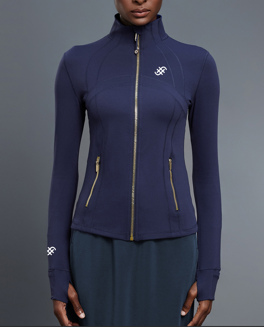 Strider 2 Jacket | Women’s Slim Fit Gym Jacket with Gold Zip | Navy in - Jackets activewear