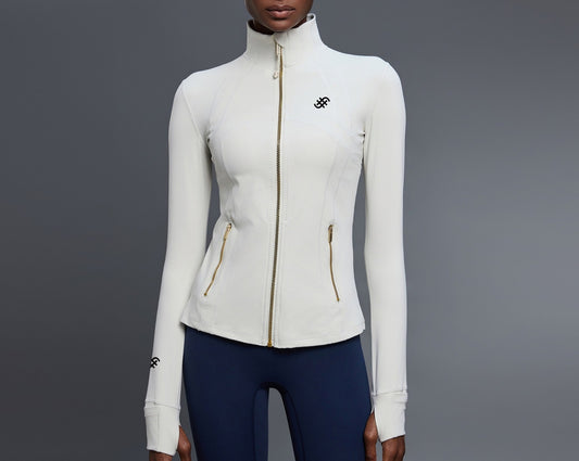 Strider 2 Jacket | Women's Slim Fit Gym Jacket with Gold Zip | Ivory in - Jackets activewear